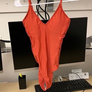 Red Lace-Trimmed Swimsuit